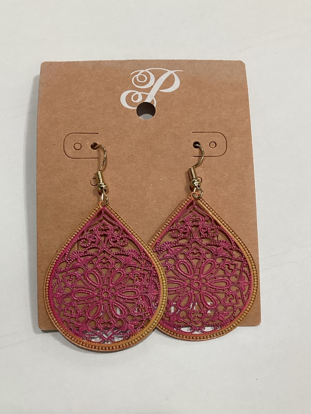 Plunder Pink Filigree Teardrop Dangle Earrings